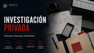 GrayCat PI blog cover showing a dark investigative desk scene with a phone, laptop, timeline document, case notes, folders, and icons for missing persons, corporate fraud, cybercrime, and legal reports.