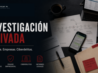 GrayCat PI blog cover showing a dark investigative desk scene with a phone, laptop, timeline document, case notes, folders, and icons for missing persons, corporate fraud, cybercrime, and legal reports.