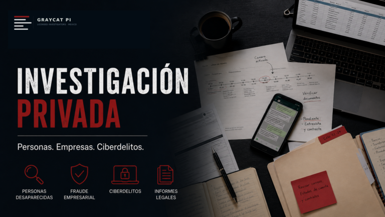 GrayCat PI blog cover showing a dark investigative desk scene with a phone, laptop, timeline document, case notes, folders, and icons for missing persons, corporate fraud, cybercrime, and legal reports.