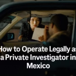 A woman hands a document to a man inside a vehicle, representing a private investigation scene; overlaid text reads “How to Operate Legally as a Private Investigator in Mexico.”