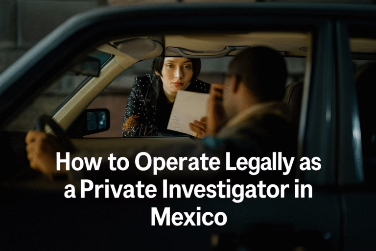 A woman hands a document to a man inside a vehicle, representing a private investigation scene; overlaid text reads “How to Operate Legally as a Private Investigator in Mexico.”