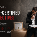 GrayCat PI blog cover image showing a man in a black suit reading a notebook beside a framed certificate, with a dark gray background and large text about CPO training, protection, and security decisions.