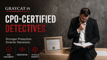 GrayCat PI blog cover image showing a man in a black suit reading a notebook beside a framed certificate, with a dark gray background and large text about CPO training, protection, and security decisions.