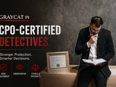 GrayCat PI blog cover image showing a man in a black suit reading a notebook beside a framed certificate, with a dark gray background and large text about CPO training, protection, and security decisions.