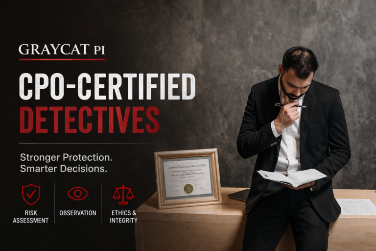 GrayCat PI blog cover image showing a man in a black suit reading a notebook beside a framed certificate, with a dark gray background and large text about CPO training, protection, and security decisions.