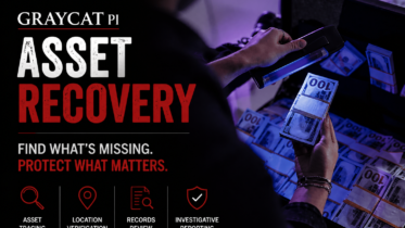 GrayCat PI blog banner for an asset recovery article, showing a dark split layout with the title “Asset Recovery” beside a real photo of hands inspecting stacks of cash in an open case under blue-purple light.
