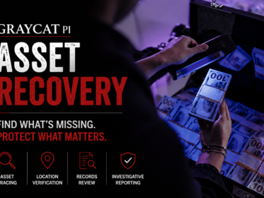 GrayCat PI blog banner for an asset recovery article, showing a dark split layout with the title “Asset Recovery” beside a real photo of hands inspecting stacks of cash in an open case under blue-purple light.