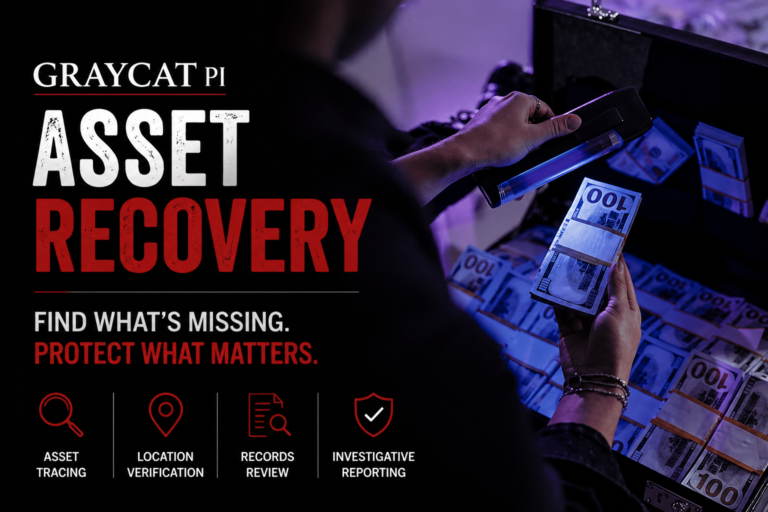 GrayCat PI blog banner for an asset recovery article, showing a dark split layout with the title “Asset Recovery” beside a real photo of hands inspecting stacks of cash in an open case under blue-purple light.