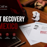 GrayCat PI blog cover image for a debt recovery article, showing a dark maroon banner over a real photo of past-due documents on a wooden table, with the text “Debt Recovery in Mexico” and service icons for debtor location, asset tracing, field reporting, and legal support.