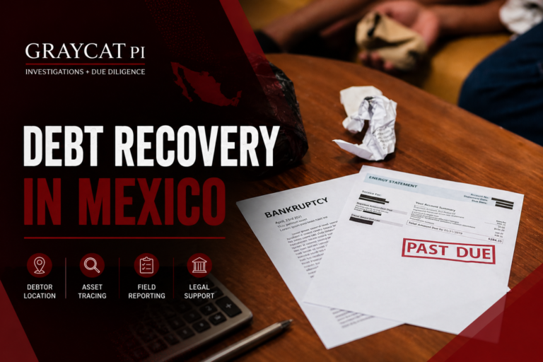 GrayCat PI blog cover image for a debt recovery article, showing a dark maroon banner over a real photo of past-due documents on a wooden table, with the text “Debt Recovery in Mexico” and service icons for debtor location, asset tracing, field reporting, and legal support.