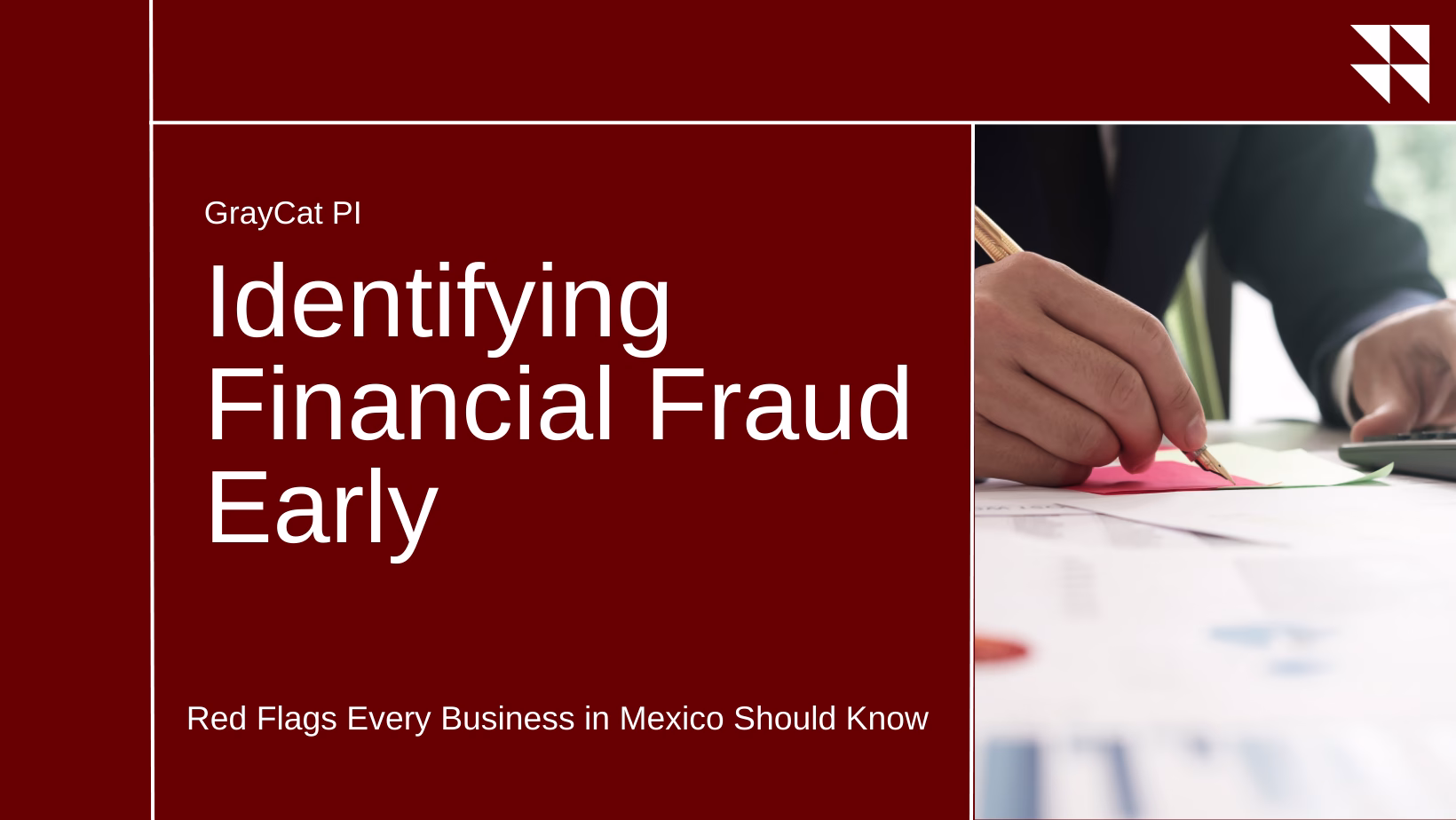 Businessperson reviewing financial documents with red flag markers, illustrating early detection of financial fraud in Mexico. Cover image for GrayCat PI blog post.