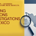 Poster for GrayCat PI missing persons investigations in Mexico showing magnifying glass over map of Mexico.