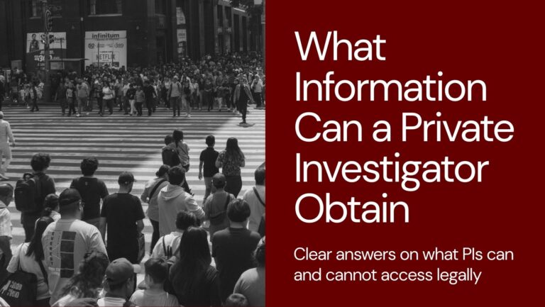 Cover image with a black-and-white photo of a crowded crosswalk and red overlay text that reads: What Information Can a Private Investigator Obtain – Clear answers on what PIs can and cannot access legally