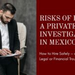 Professional private investigator in Mexico reviewing legal documents at his desk, representing the legal, financial, and privacy risks of hiring unlicensed investigators — GrayCat PI blog cover.