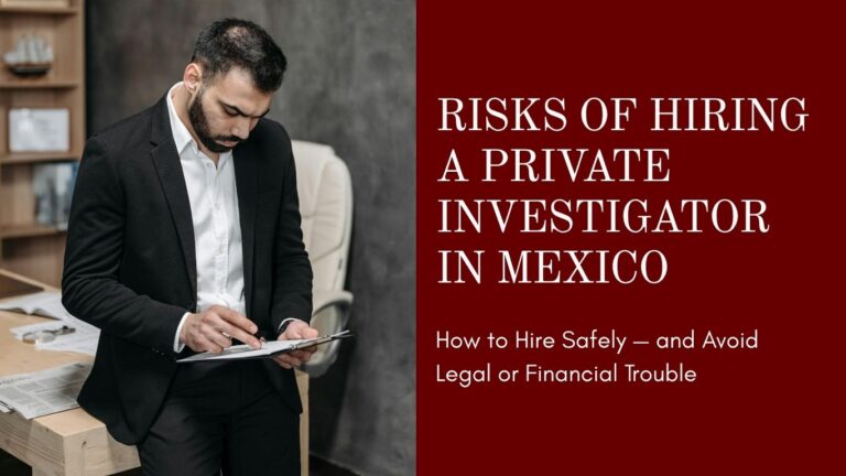 Professional private investigator in Mexico reviewing legal documents at his desk, representing the legal, financial, and privacy risks of hiring unlicensed investigators — GrayCat PI blog cover.
